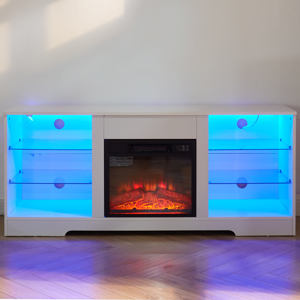 58" Electric Fireplace Center with Glass Shelves, 3D Fireplace with LED Lights, USB Charging, for TV up to 62", White