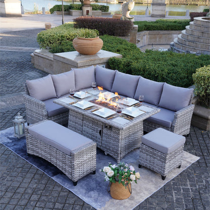 5-Piece Gray Wicker Fire Pit Table and Sofa Set and Ottoman