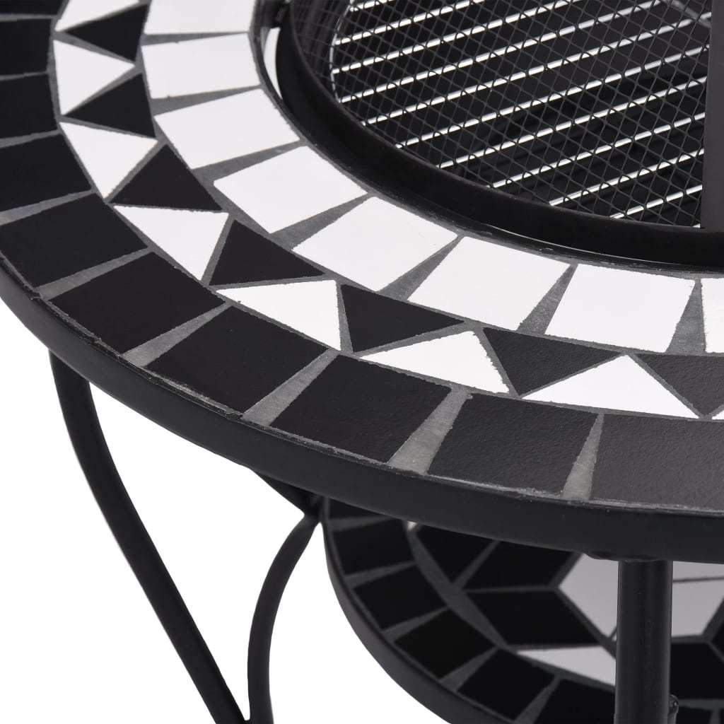 26.8" Black and White Round Mosaic Fire Pit Table with Ceramic Top, Steel Bowl