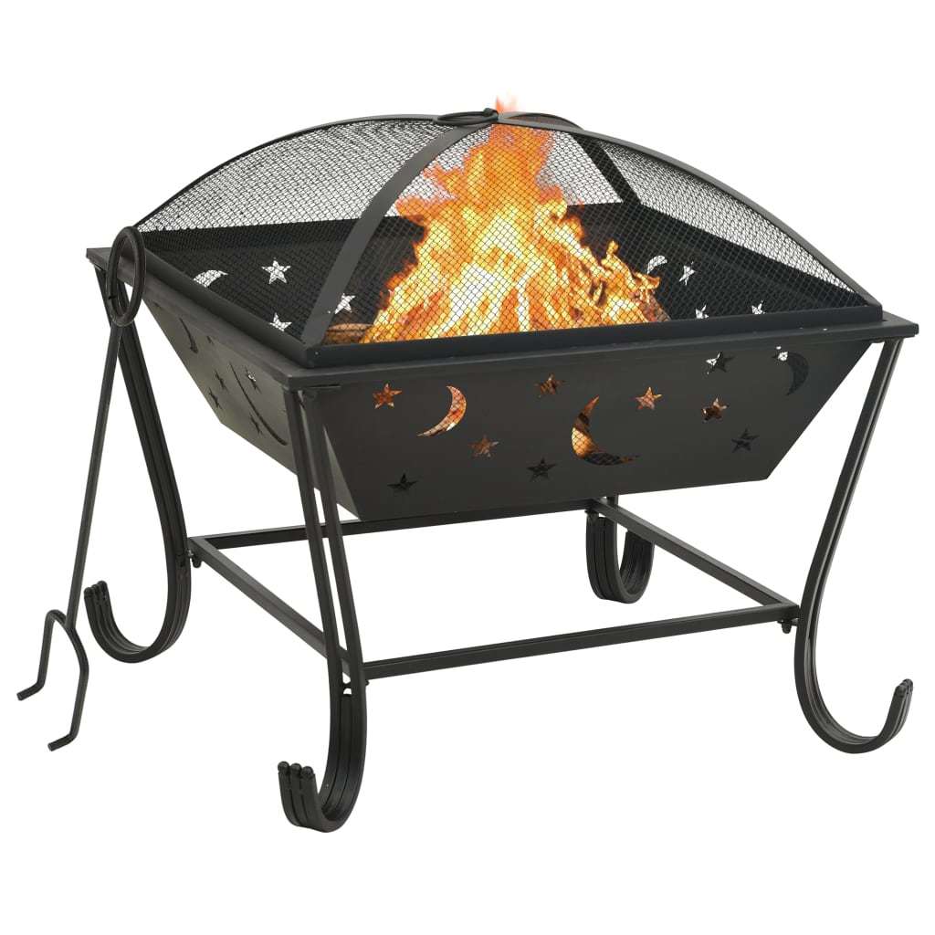 24.4" Moon & Stars XXL Steel Fire Pit with Poker (24.4" x 24.4" x 22.2"), Black