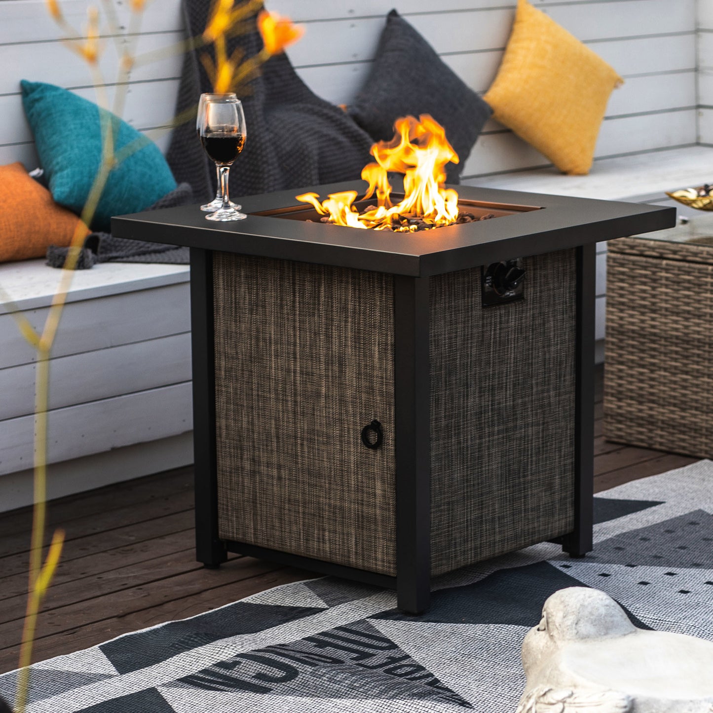 Square Propane Fire Pit Table with Textilene Side Panel, Steel Lid and Rocks, 40,000 BTU (28" x 28" x 24.8")