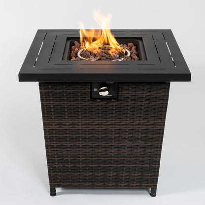 Stylish, Brown Wicker Square Fire Pit Table, 40,000 BTU, Black/Brown (28" x 28" x 24.8")