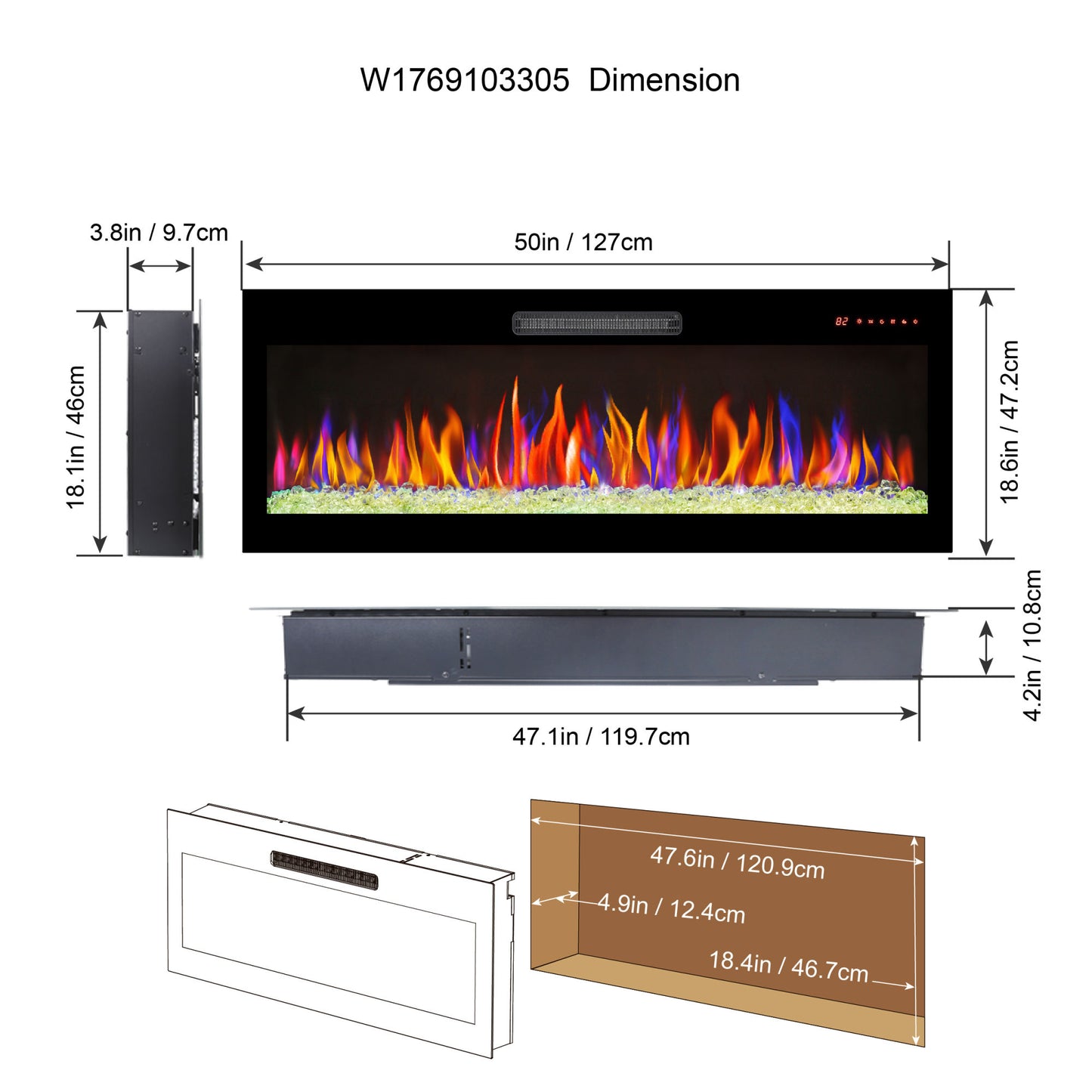 50" Recessed Ultra-Thin Electric Fireplace with Remote and Multi-Color Flame