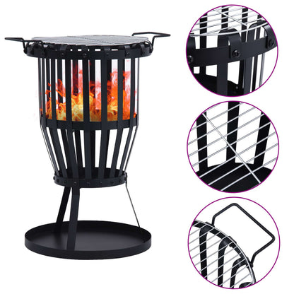 19" Garden Steel Fire Pit Basket with BBQ Grill, (19" x 15" x 24.2"), Black