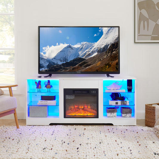 58" Electric Fireplace Center with Glass Shelves, 3D Fireplace with LED Lights, USB Charging, for TV up to 62", White