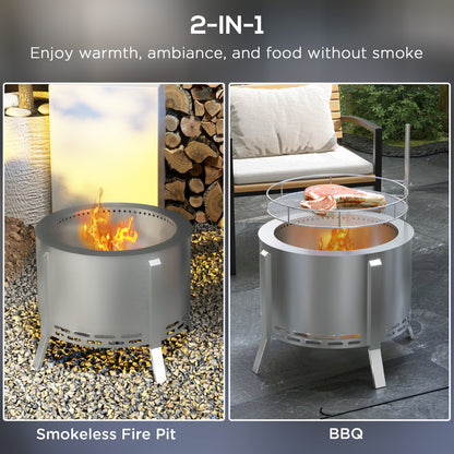 2-in-1 Smokeless Fire Pit and BBQ Grill (19" Dia x 16.5" H), Silver