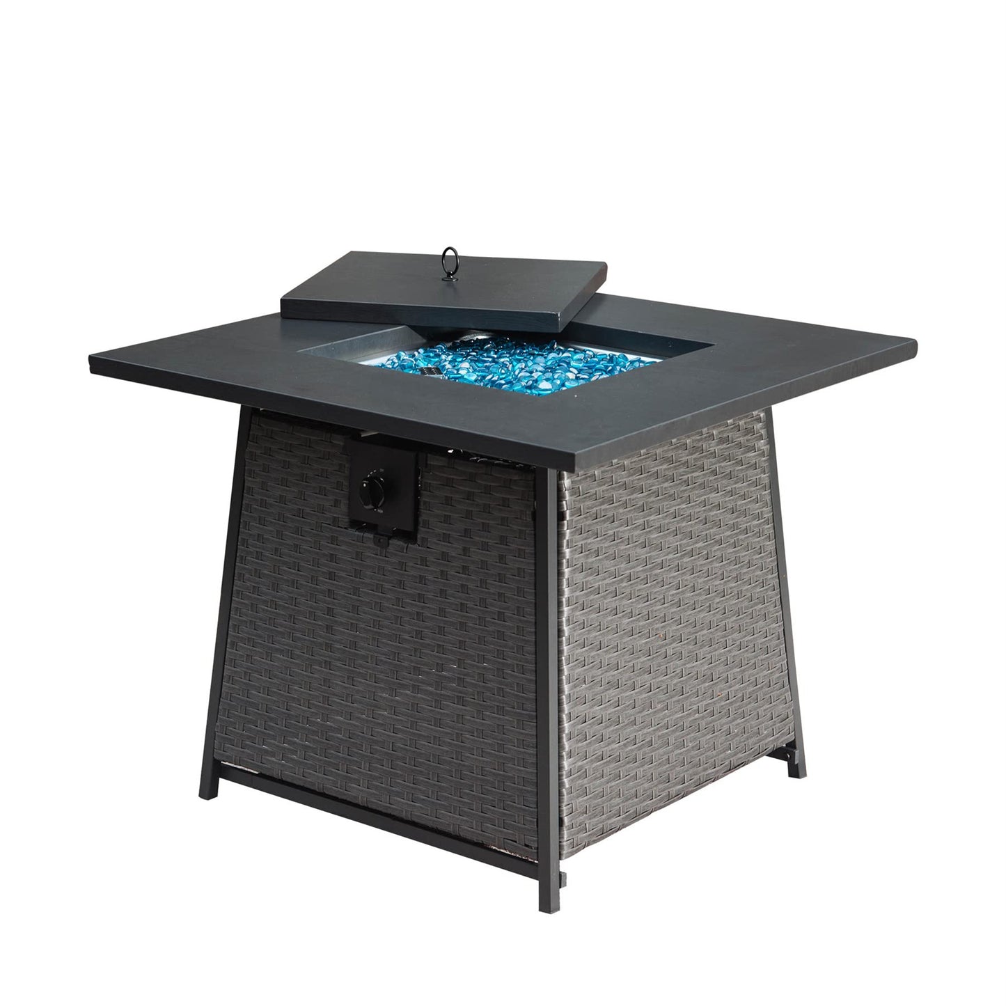 Square Propane Fire Pit Table with Blue Glass Rocks, 50,000 BTU, Wicker, Dark Gray (31.89" x 31.89" x 24.41")