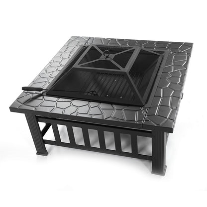 Square, Black, Courtyard Metal Fire Pit Table with Accessories (32" x 32" x 17")