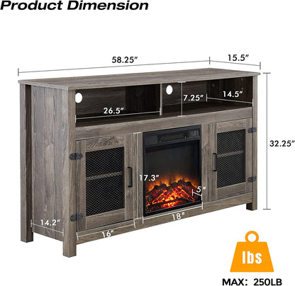 58" Modern Farmhouse TV Stand with Electric Fireplace, Grey