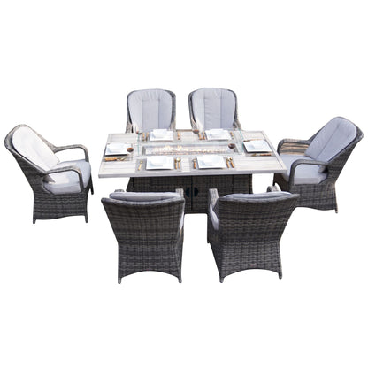 6-Seat Patio Fire Pit Dining Set with Rattan Chairs and Rectangular Aluminum Table