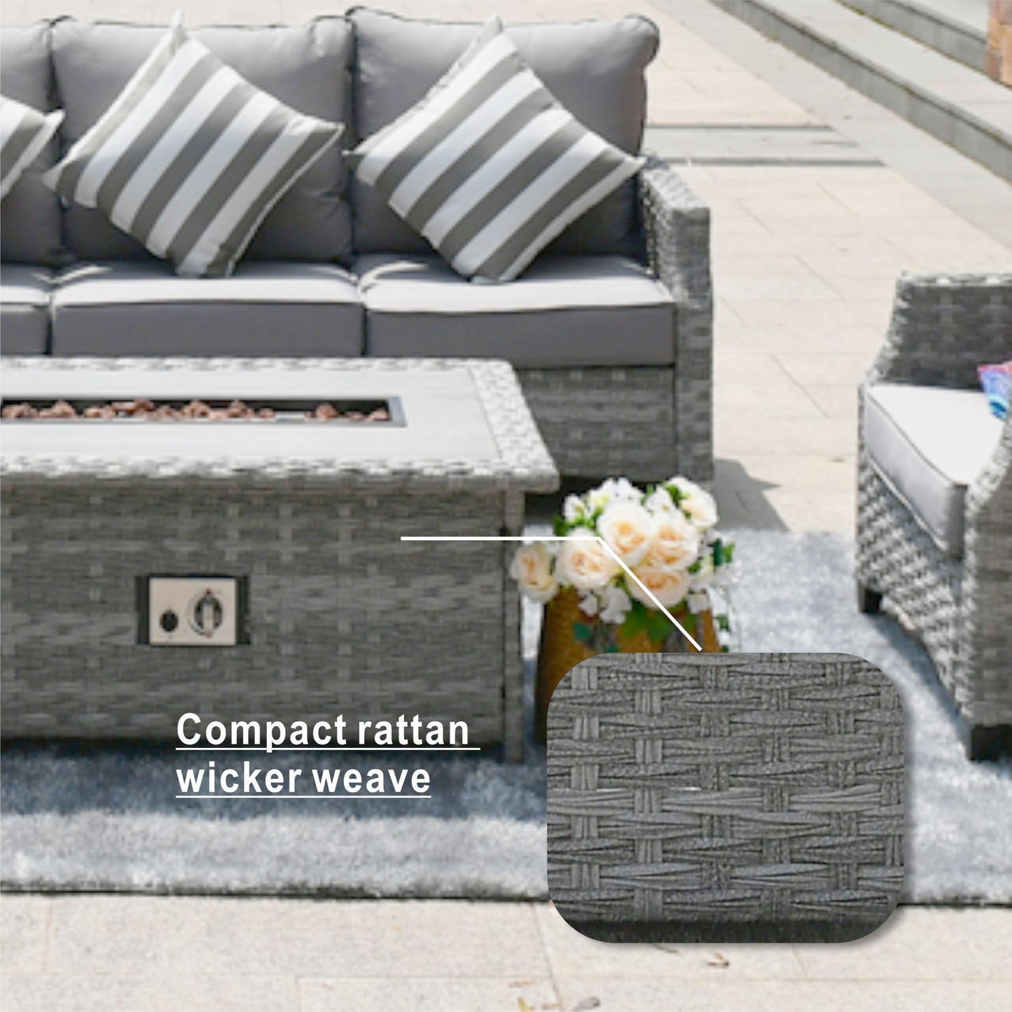 5-Piece Wicker Patio Fire Pit Seating Set with Sectional Sofa & Gray Cushions