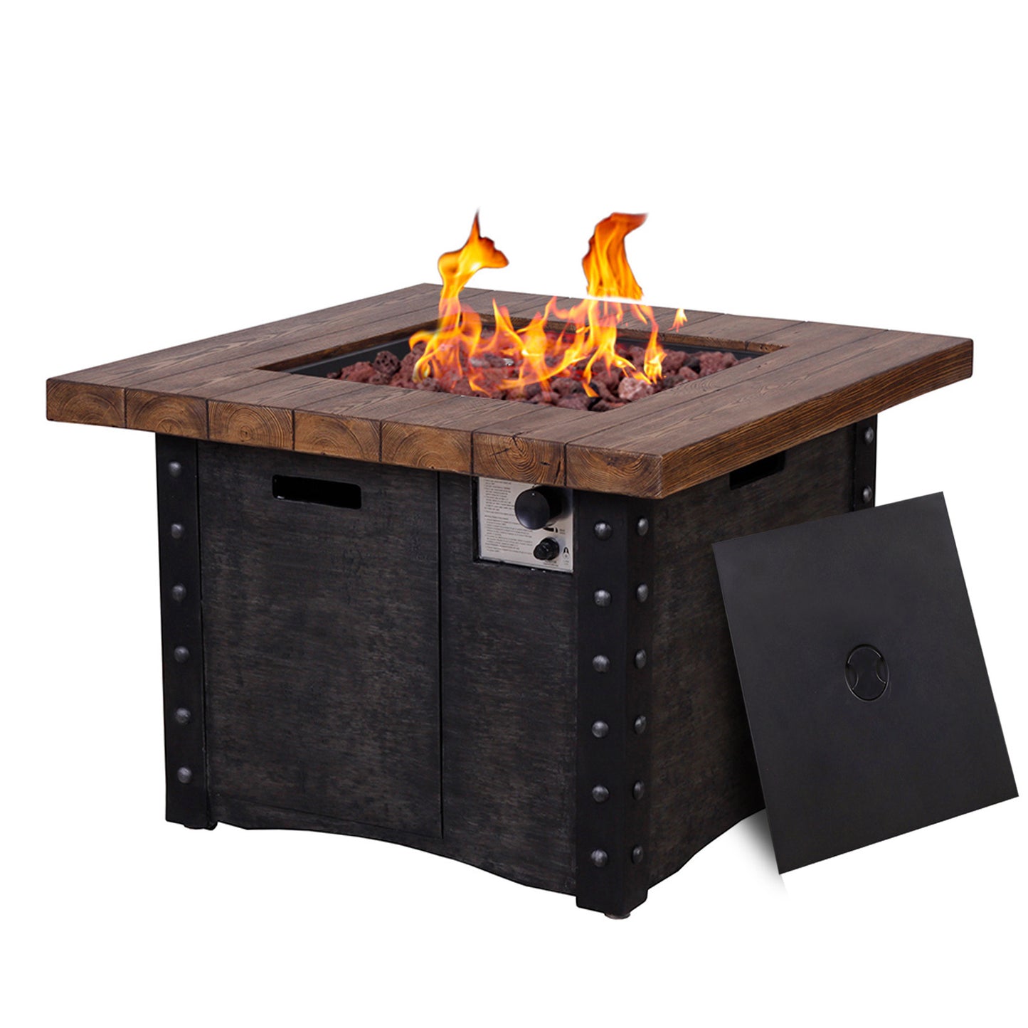 Square, Faux Woodgrain Outdoor Gas Fire Pit Table, 50,000 BTU (34.5" x 34.5" x 23.8")