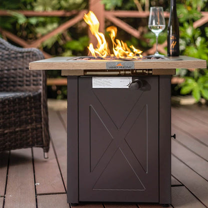 Outdoor, Square Fire Pit Table, 48,000 BTU, Bionic Wood Grain Lid, Brown (28" W x 24" H x 28" D)