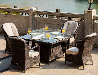 5 Piece Rattan Gas Firepit Dining Set with Eton Chairs