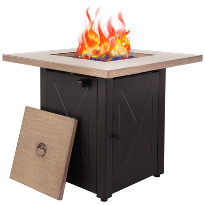 Outdoor, Square Fire Pit Table, 48,000 BTU, Bionic Wood Grain Lid, Brown (28" W x 24" H x 28" D)