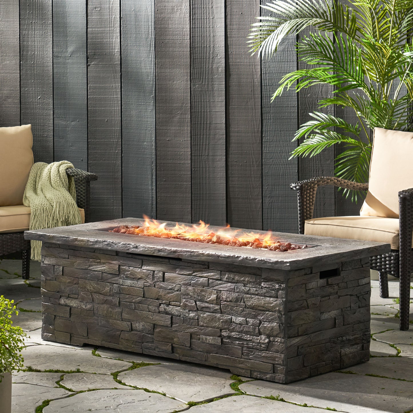 Concrete Fire Table, Rectangle Gas Burning Fire Pit, Grey (56" x 26.25" x 18.75")