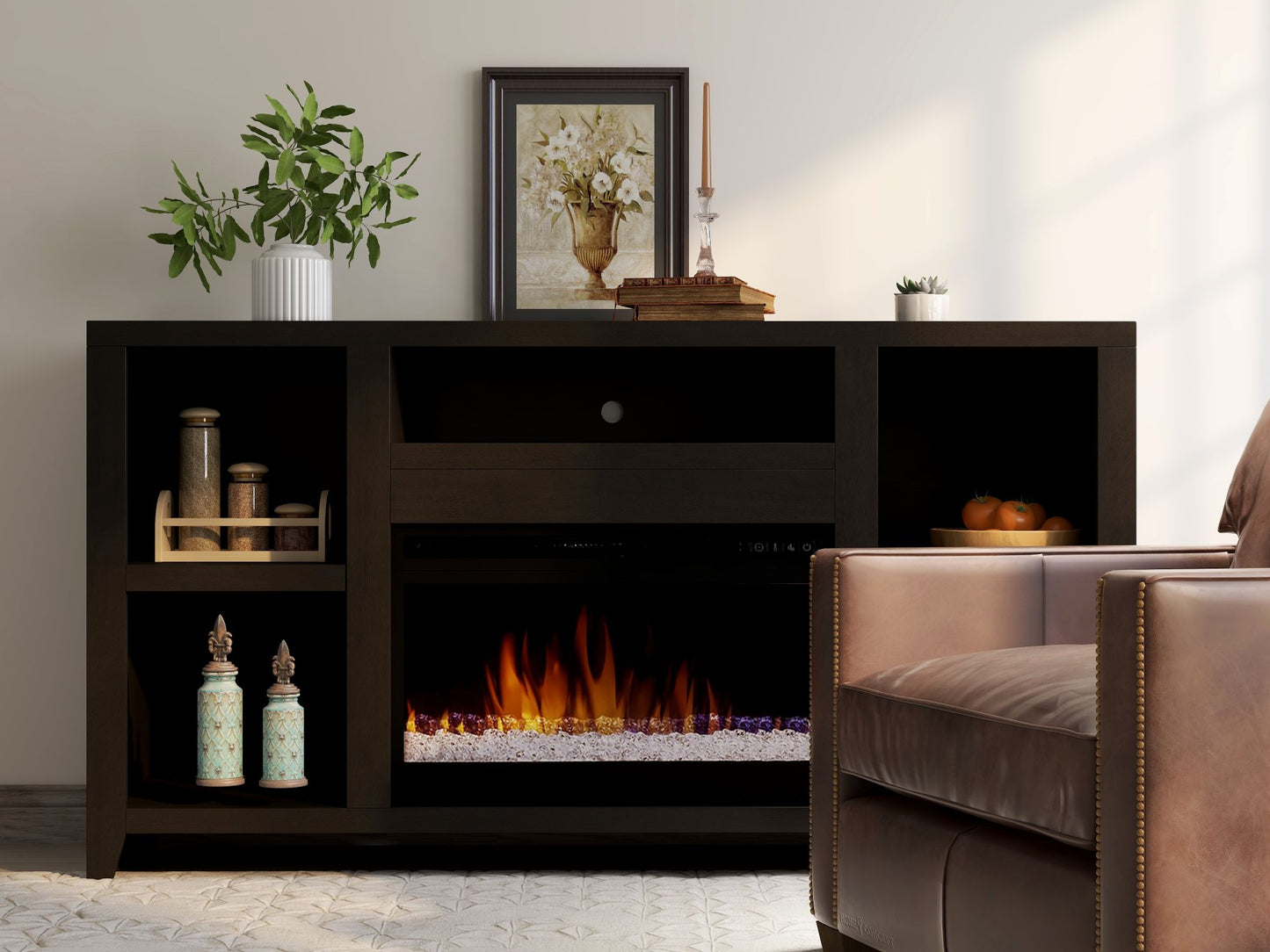 62" Electric Fireplace Center for TVs up to 70 inches, Minimal Assembly, Mocha Finish