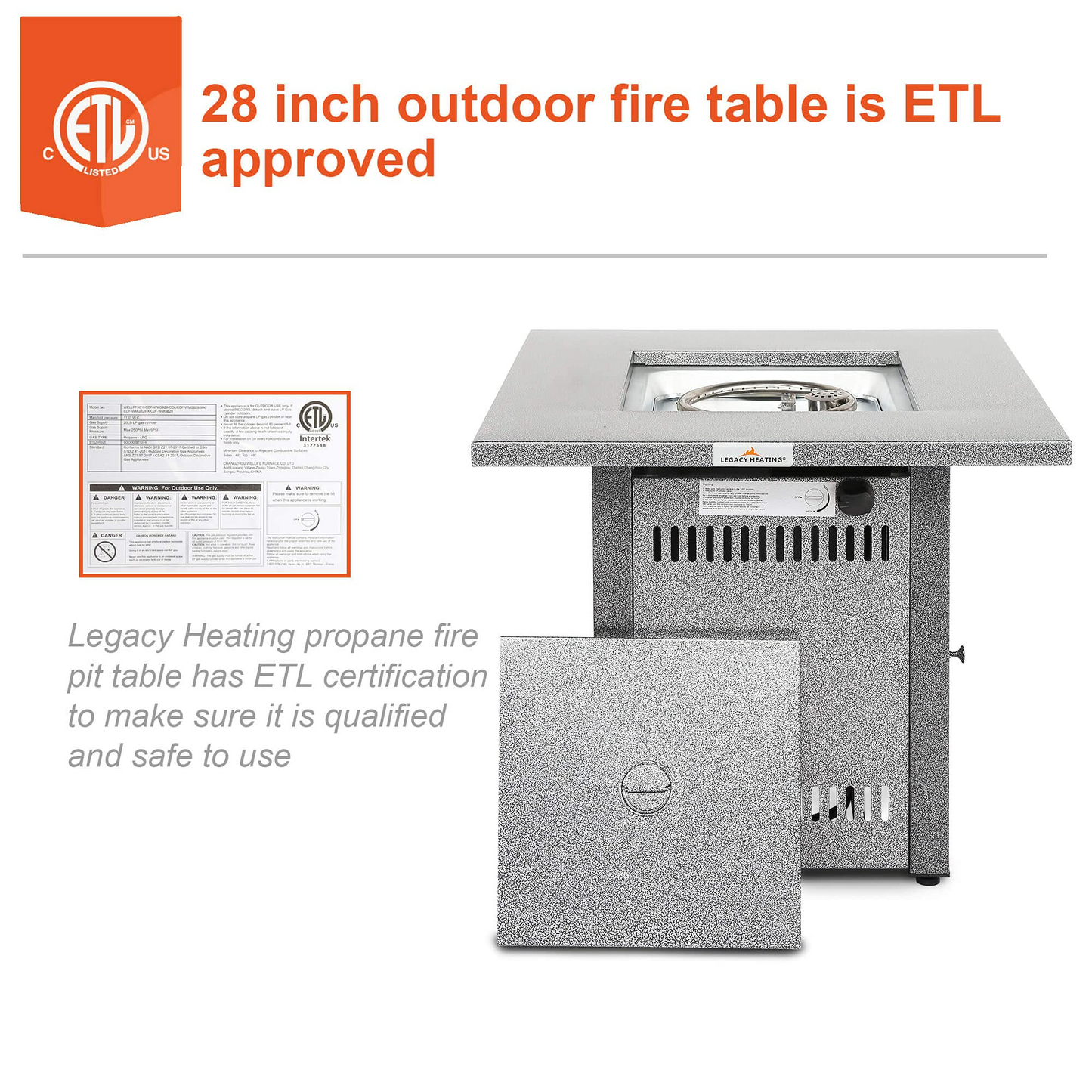 2-in-1  Silver Outdoor Propane Gas Square Fire Pit Table, 50,000 BTU (28" W x 28" D x 24" H)