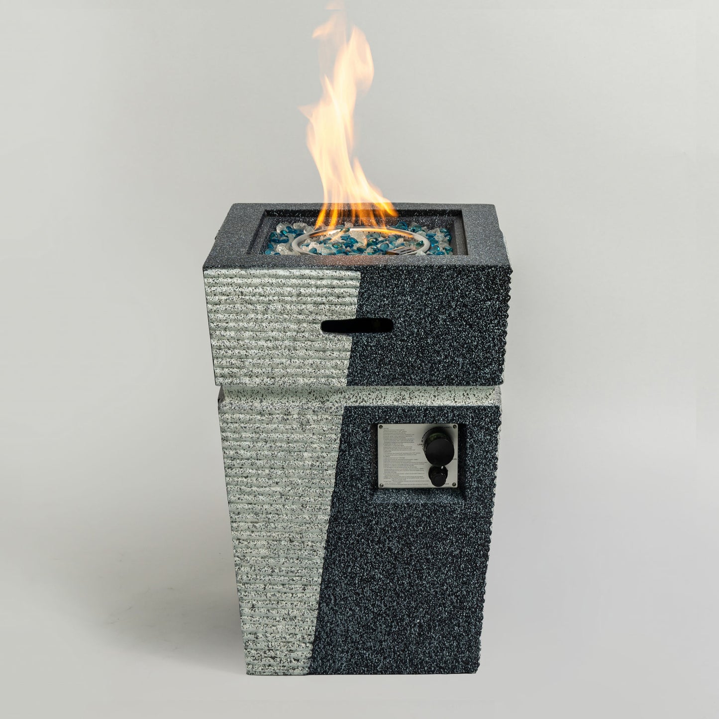 Light Grey-Blue Concrete Square Top Propane Fire Pit Column, 40,000 BTU (20" x 20" x 29.1")