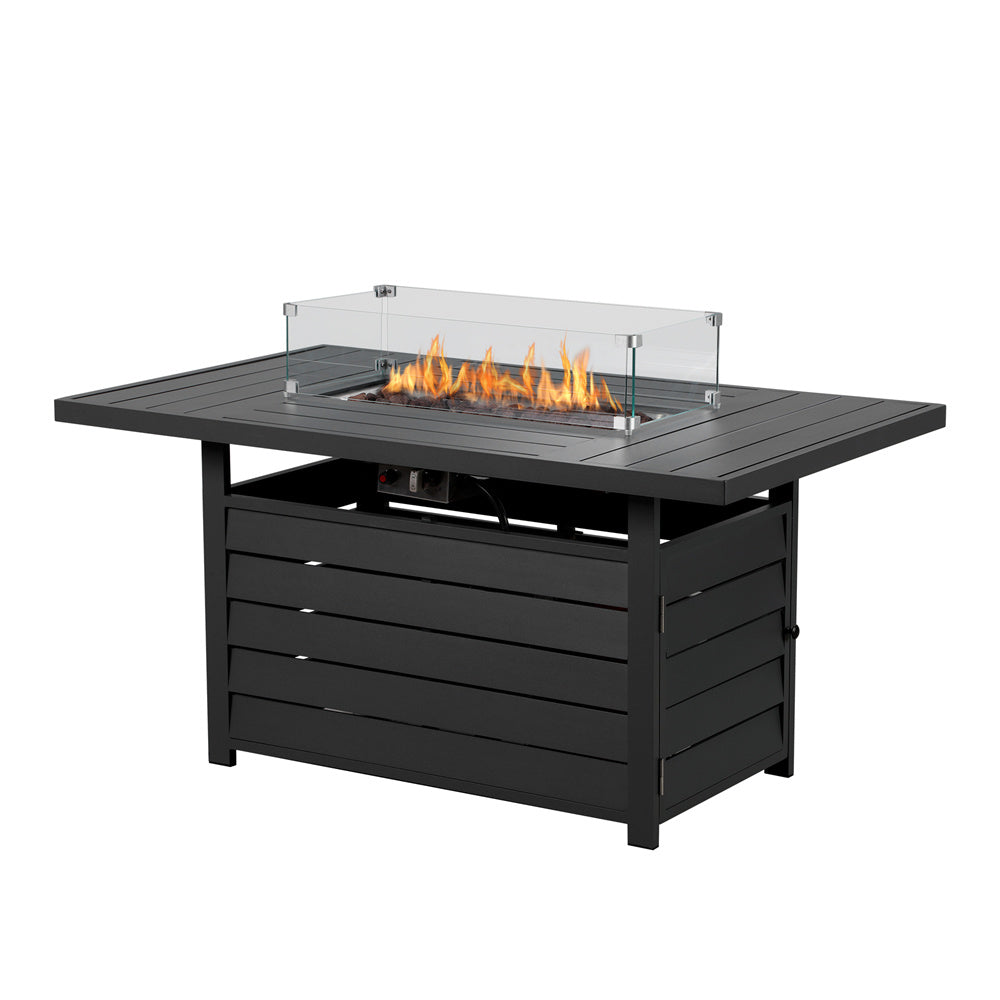 Rectangle Outdoor Aluminum Glass Windbreak Fire Pit Table, Black (54.5" x 32" x 26.5")