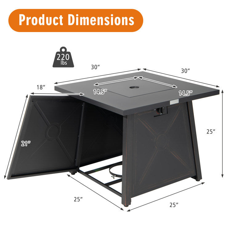 Square Propane, Black, Gas Fire Pit Table, 50,000 BTU, Steel Frame (30" x 30" x 25")