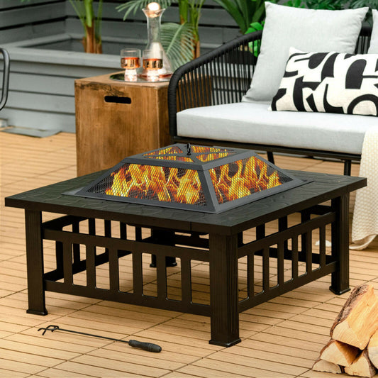 3 in 1 Outdoor Square Fire Pit Table with BBQ Grill and Rain Cover for Camping (32" x 32" x 19.5")