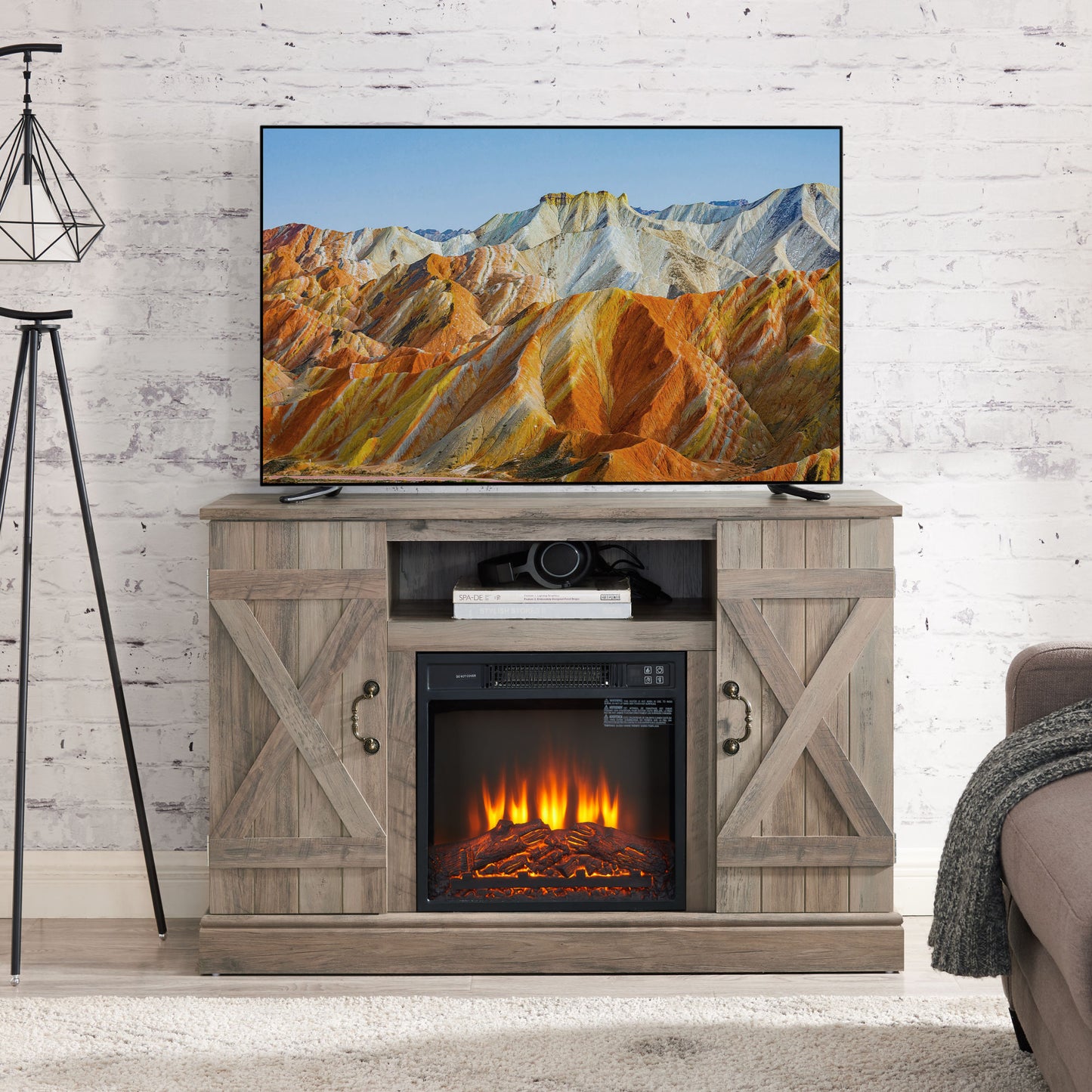 47" Gray Wash Farmhouse TV Stand with Electric Fireplace