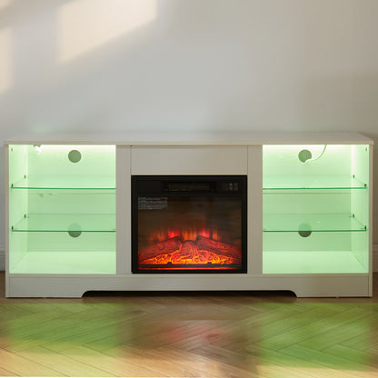 58" Electric Fireplace Center with Glass Shelves, 3D Fireplace with LED Lights, USB Charging, for TV up to 62", White