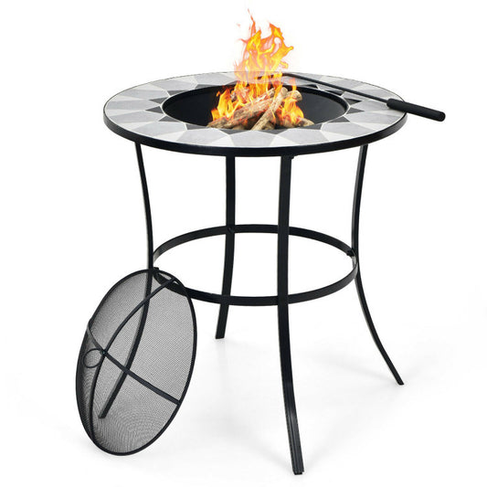 25.5" Multi-Purpose 2-in-1 Round Outdoor Fire Pit Table Black Steel Frame