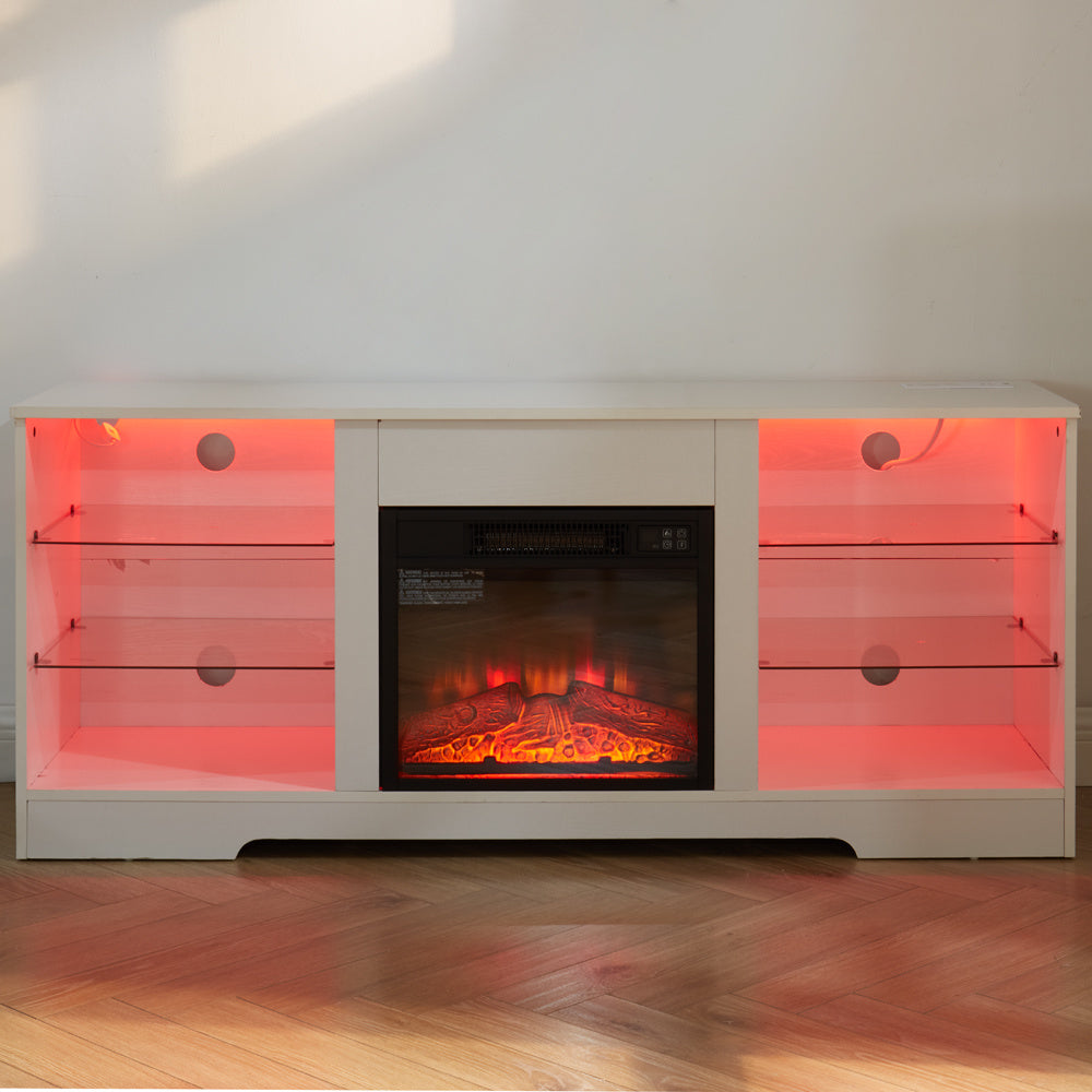 58" Electric Fireplace Center with Glass Shelves, 3D Fireplace with LED Lights, USB Charging, for TV up to 62", White