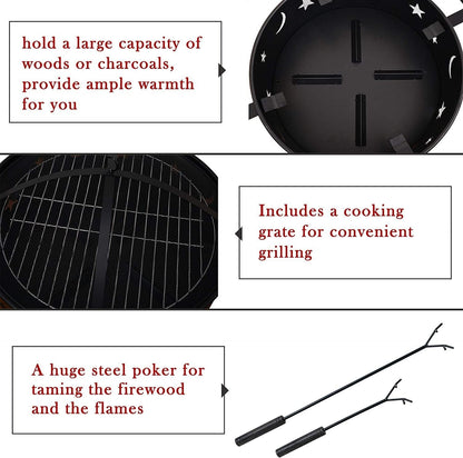 32" Outdoor Wood Burning Cooking Fire Pit with Spark Screen & Cover, Black