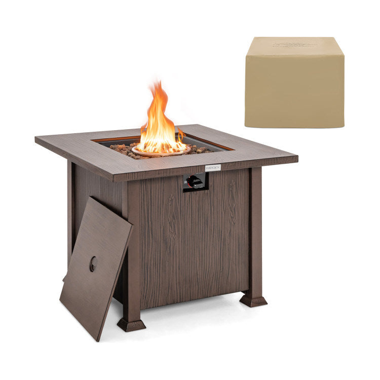 Square, Brown Fire Pit Table with Lid and Lava Rocks (32" x 32" x 25")