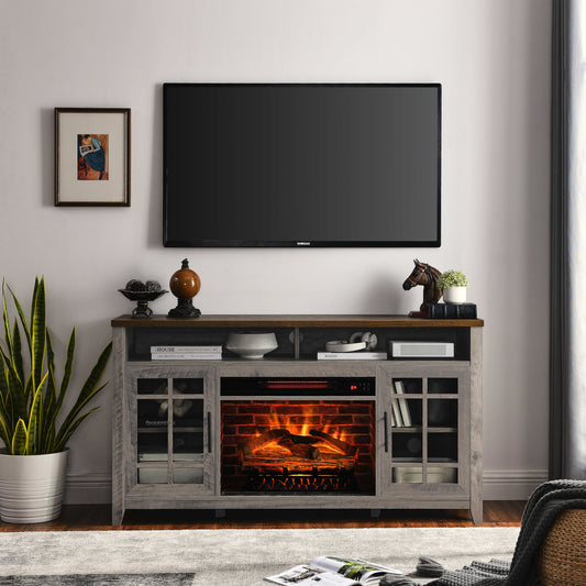 55" TV Media Stand with Electric Fireplace KD Inserts Heater, Gray Wash