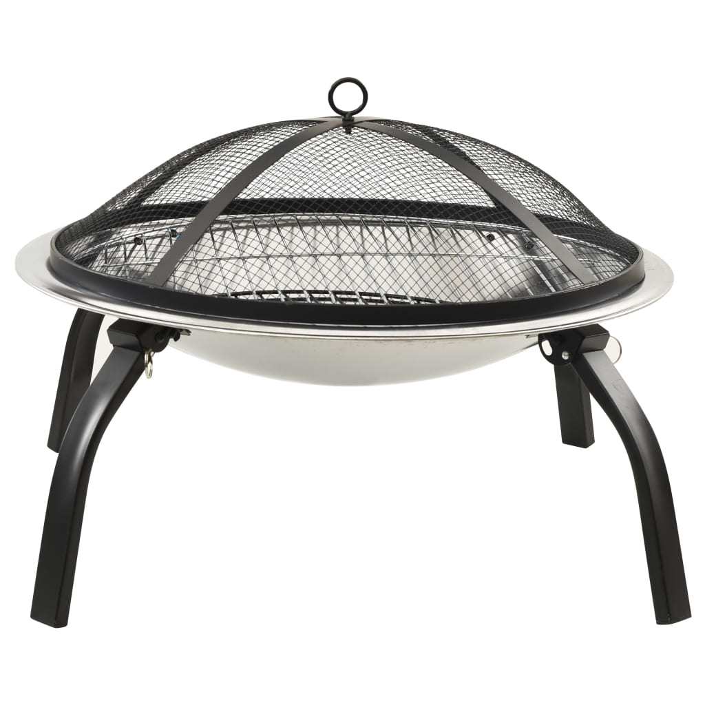 22" 2-in-1 Cooking Fire Pit with Mesh Cover & Grill, Silver