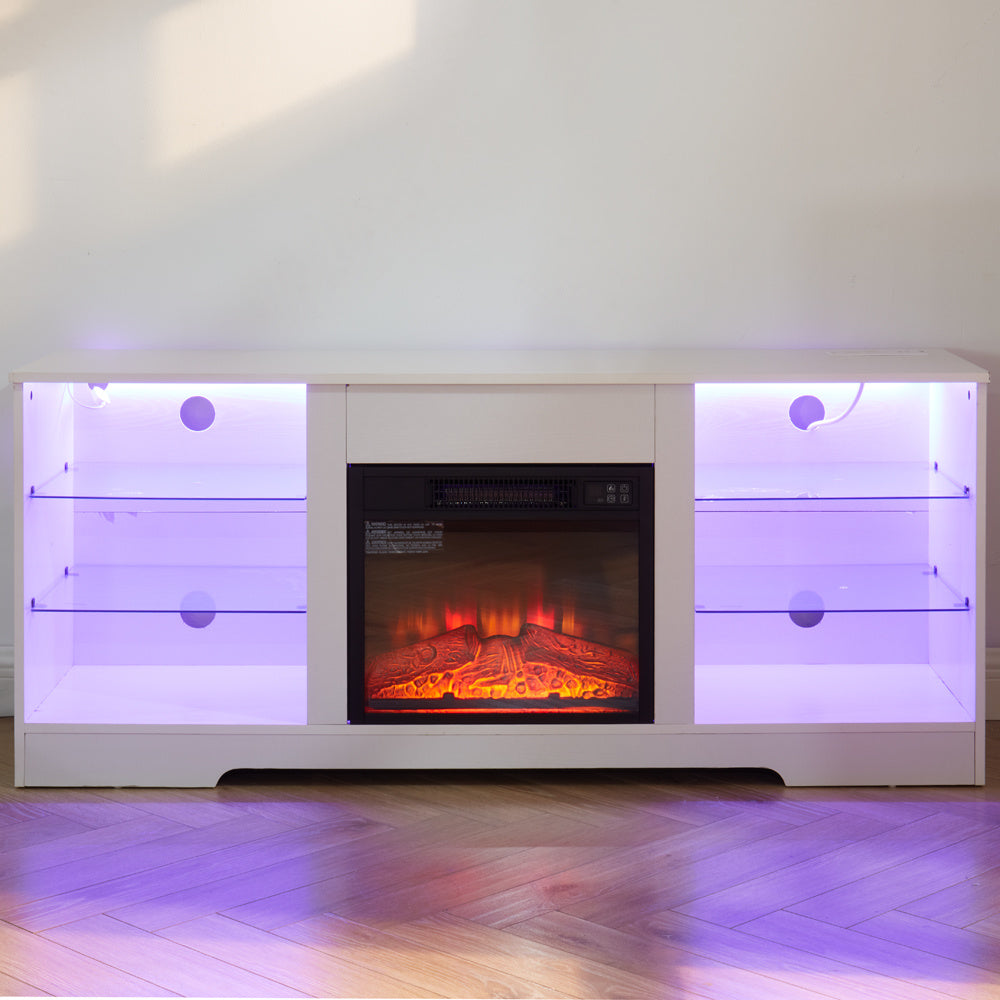 58" Electric Fireplace Center with Glass Shelves, 3D Fireplace with LED Lights, USB Charging, for TV up to 62", White