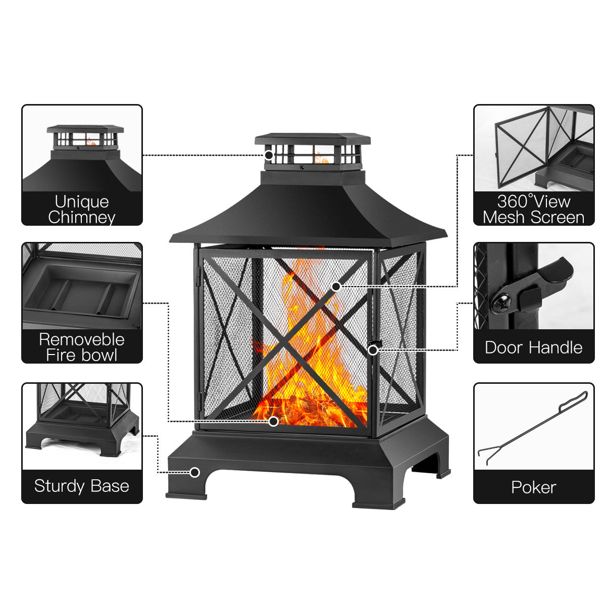 24" Pagoda-Style Steel Wood-Burning Fire Pit with Log Grate and Poker (24" x 24" x 40"), Black