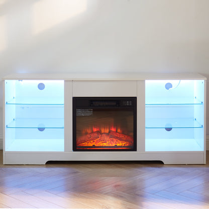 58" Electric Fireplace Center with Glass Shelves, 3D Fireplace with LED Lights, USB Charging, for TV up to 62", White