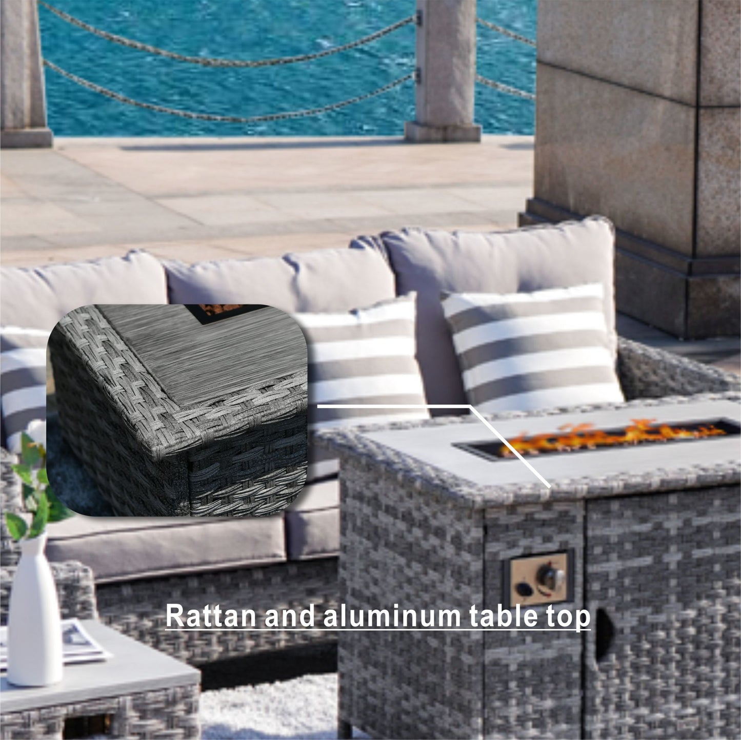 5-Piece Wicker Patio Fire Pit Seating Set with Sectional Sofa & Gray Cushions