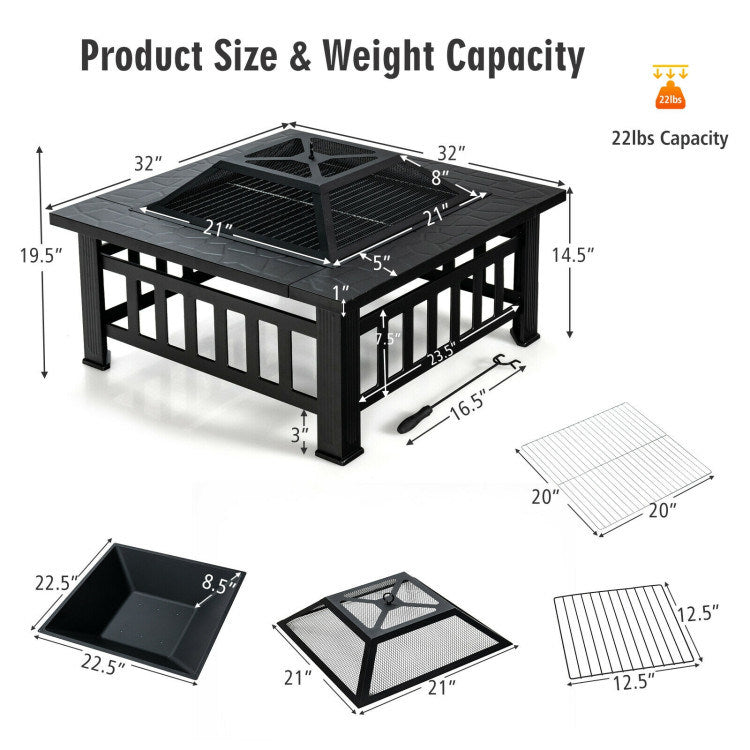 3 in 1 Outdoor Square Fire Pit Table with BBQ Grill and Rain Cover for Camping (32" x 32" x 19.5")