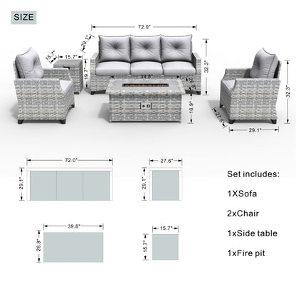 5-Piece Wicker Patio Fire Pit Seating Set with Sectional Sofa & Gray Cushions