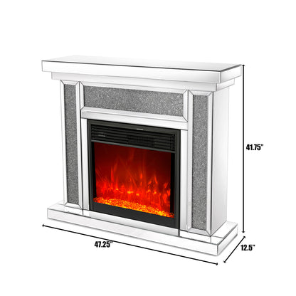 47" Mirrored Electric Fireplace with 7 Colors Adjustable 3D Flame, Mantel, and Remote Control, Silver