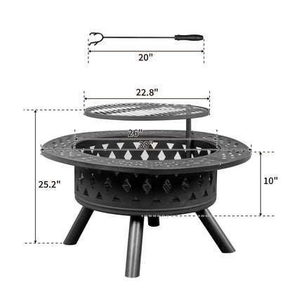 38" Multi-Functional Outdoor Fire Pit with Adjustable Cooking Grates, Black Steel