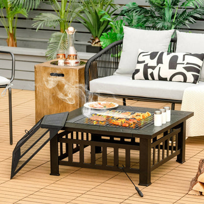 3 in 1 Outdoor Square Fire Pit Table with BBQ Grill and Rain Cover for Camping (32" x 32" x 19.5")