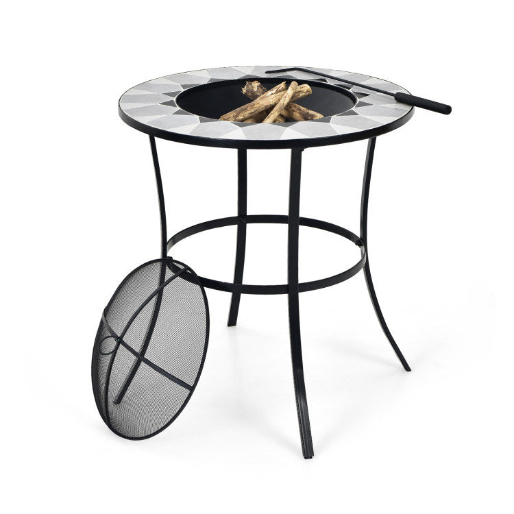 25.5" Multi-Purpose 2-in-1 Round Outdoor Fire Pit Table Black Steel Frame