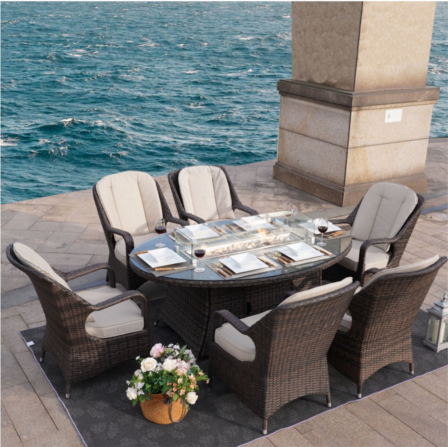 7-Piece Outdoor Patio Wicker Gas Fire Pit Dining Set with Arm Chairs