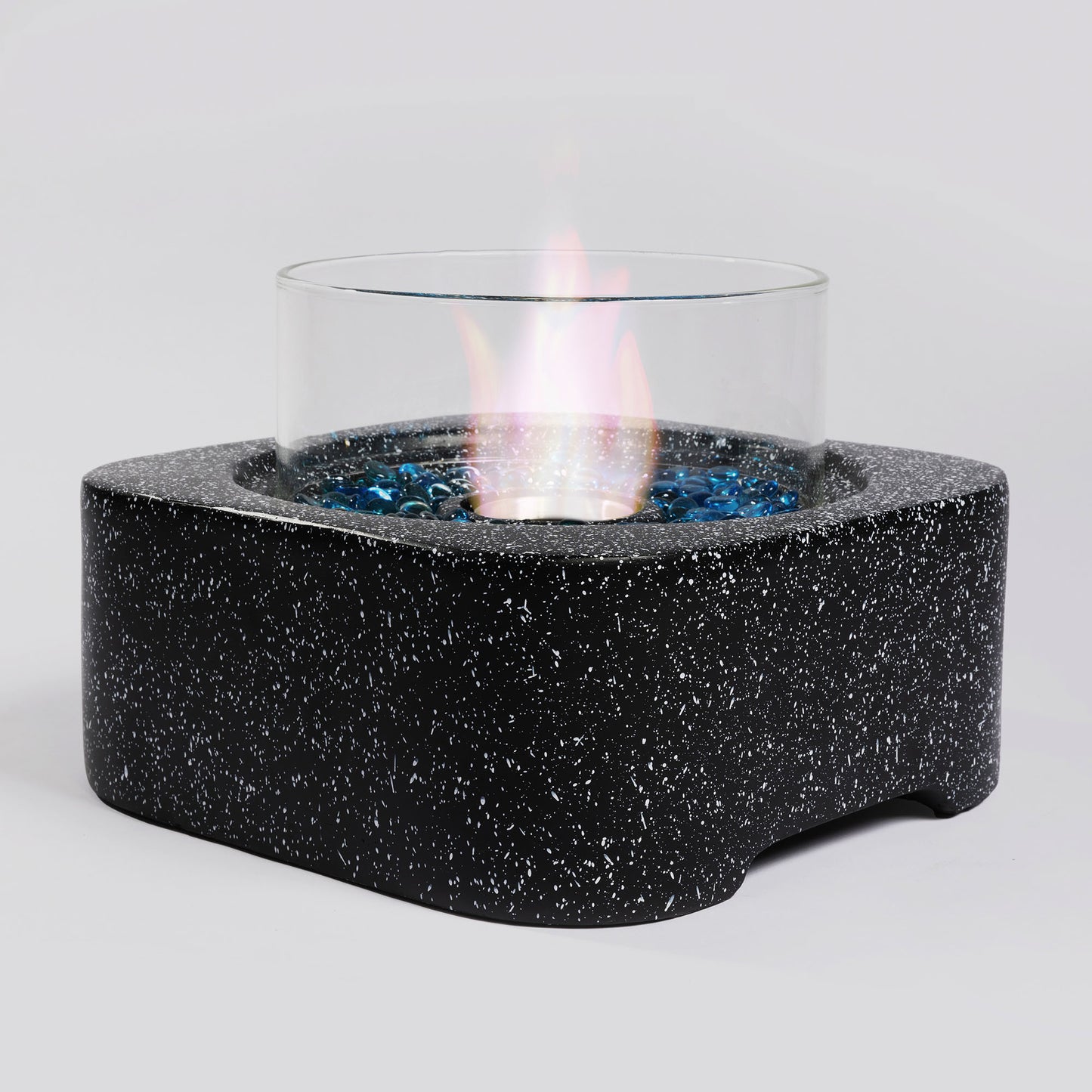 Tabletop Fire Pit with Glass Wind Guard, Bioethanol Fireplace, (16.3" x 16.3" x 11"), Black