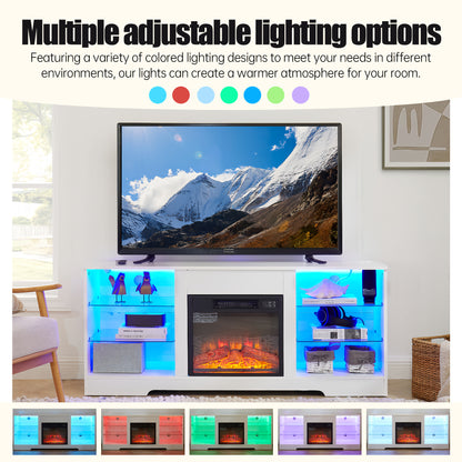 58" Electric Fireplace Center with Glass Shelves, 3D Fireplace with LED Lights, USB Charging, for TV up to 62", White