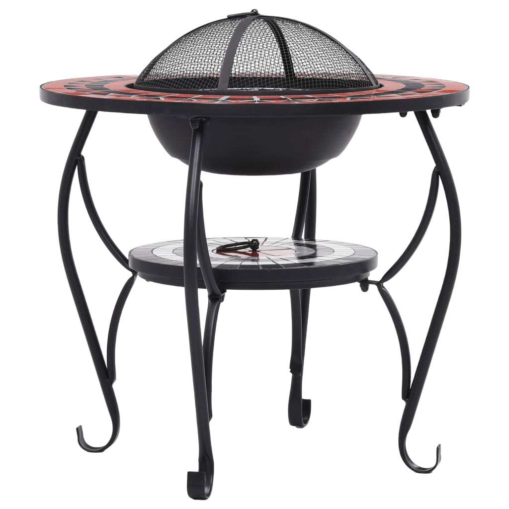 26.8" Terracotta & White Steel, Round Fire Pit Table with Ceramic Top, Mesh Cover