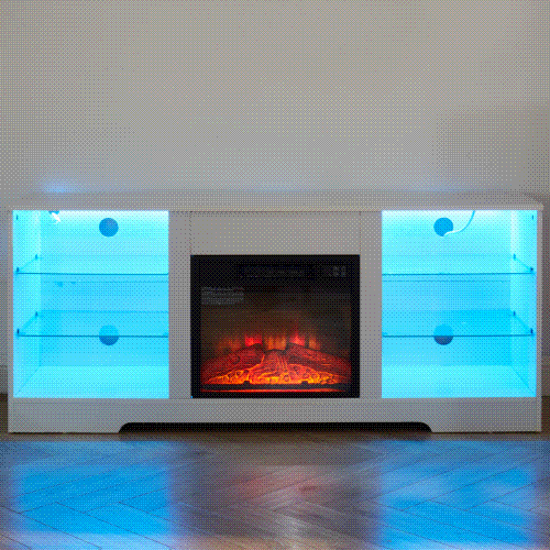 58" Electric Fireplace Center with Glass Shelves, 3D Fireplace with LED Lights, USB Charging, for TV up to 62", White