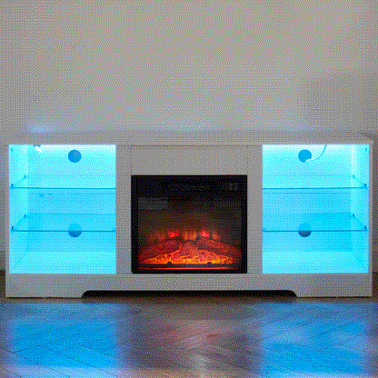 58" Electric Fireplace Center with Glass Shelves, 3D Fireplace with LED Lights, USB Charging, for TV up to 62", White